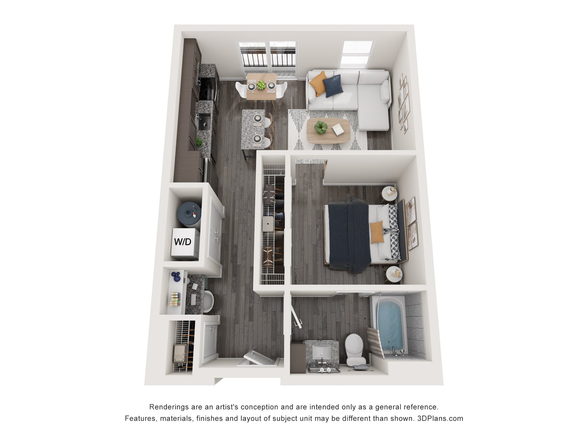 Floor plan for 1 bed, 1 bath, 692 sqft